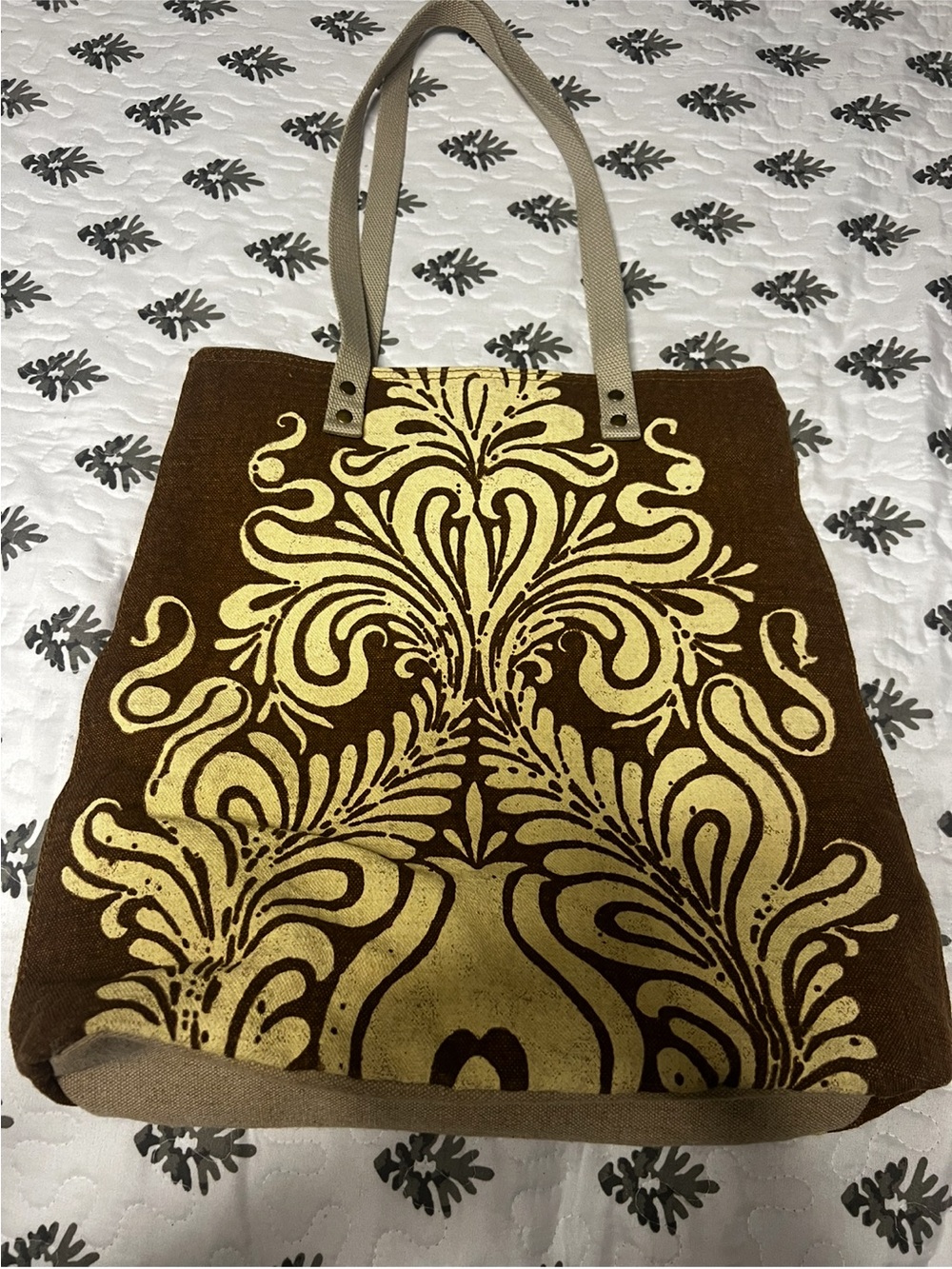 Amy Butler Brown & Gold Damask Canvas Tote Bag